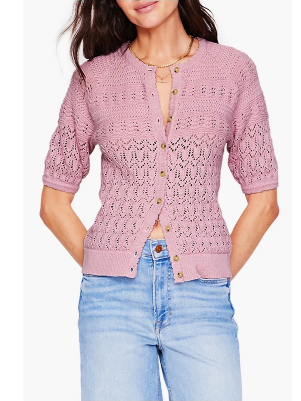 Lace Knit Short-Sleeve Cardigan Sweater - Pink